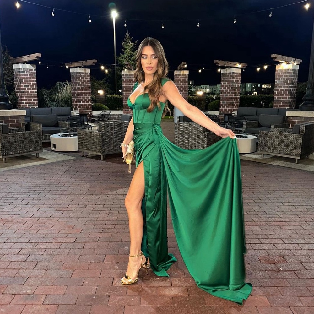 Worn once, like newGreen High Slit Corset Satin Gown XS